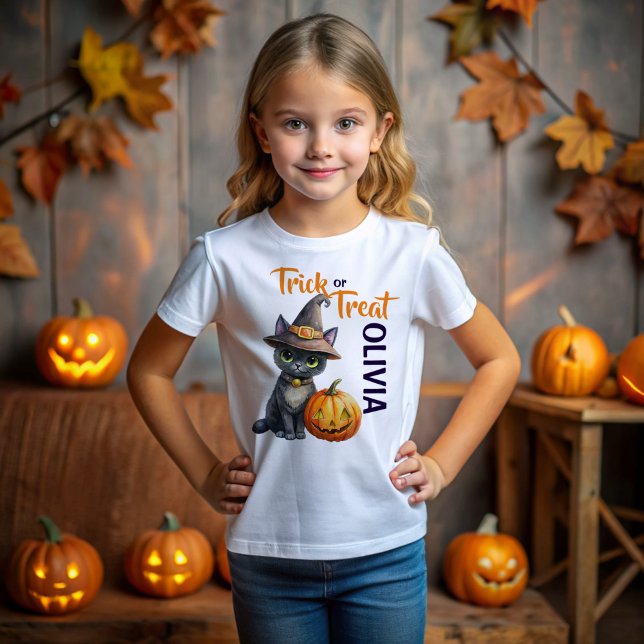 Halloween black cat jack o lantern trick or treat T-Shirt (Halloween cute black cat jack o lantern trick or treat personalized name T-Shirt gifts for kids)