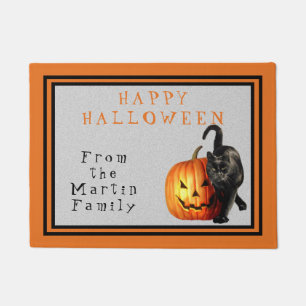 Halloween Black Cat & Jack O'Lantern Personalized Doormat