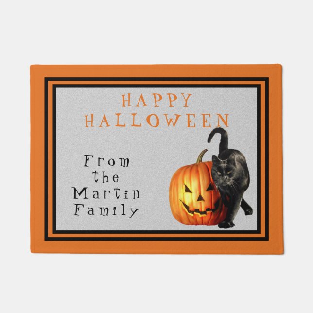 Halloween Black Cat & Jack O'Lantern Personalized Doormat (Front)