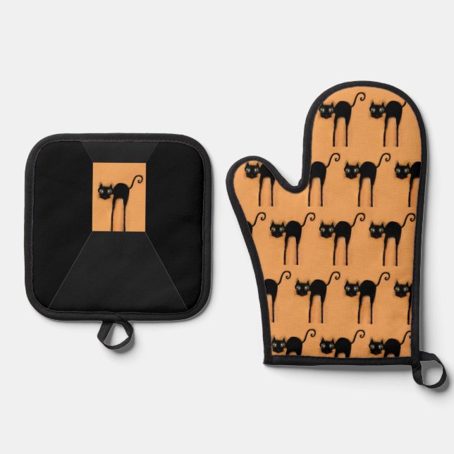 Halloween Black Cat Kitchen Decor Oven Mitt & Pot Holder Set (Front)