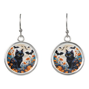 Halloween Black Cat Kitten With Pumpkins & Bats Earrings