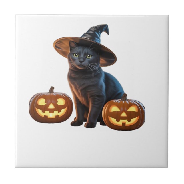 Halloween Black Cat Magic Classic T-Shirt Ceramic Tile (Front)