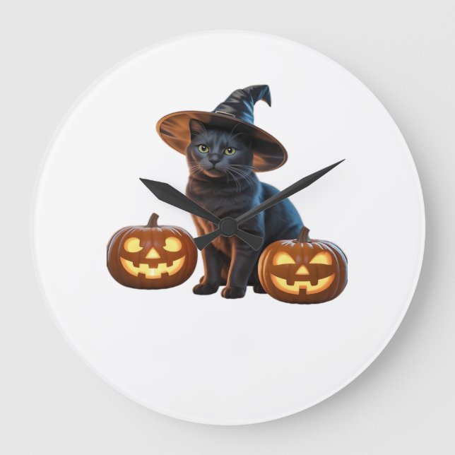 Halloween Black Cat Magic Classic T-Shirt Large Clock (Front)
