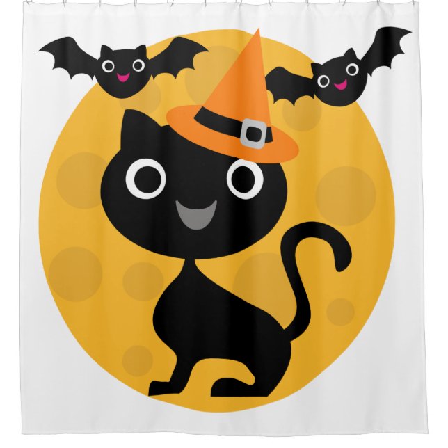 Halloween Black Cat, Moon, Bats Shower Curtain (Front)