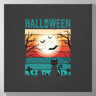 Halloween Black Cat Moon Graveyard Retro Vector De Canvas Photo Tile