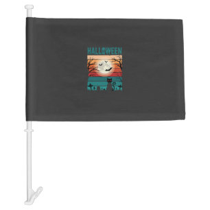 Halloween Black Cat Moon Graveyard Retro Vector De Car Flag