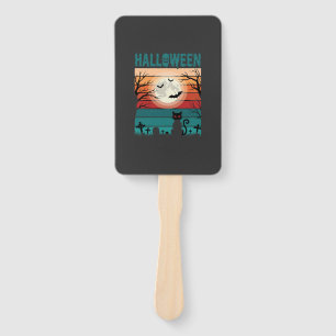 Halloween Black Cat Moon Graveyard Retro Vector De Hand Fan