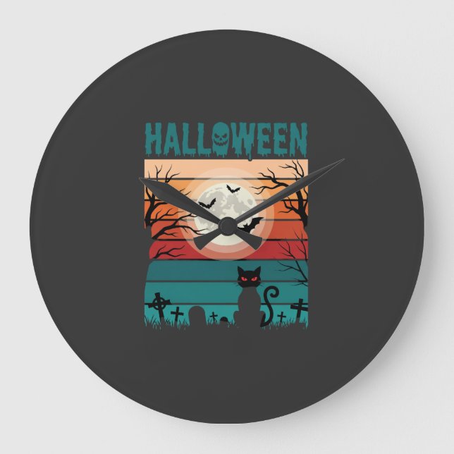 Halloween Black Cat Moon Graveyard Retro Vector De Large Clock (Front)