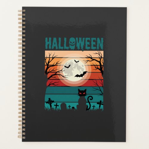 Halloween Black Cat Moon Graveyard Retro Vector De Planner