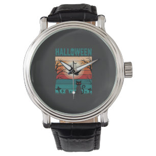 Halloween Black Cat Moon Graveyard Retro Vector De Watch
