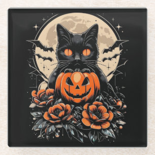 Halloween Black Cat, Moon & Pumpkin Glass Coaster