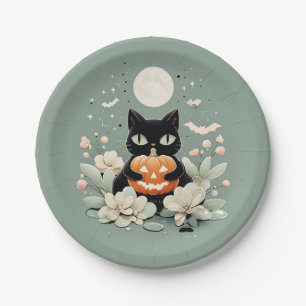 Halloween Black Cat, Moon & Pumpkin Paper Plates