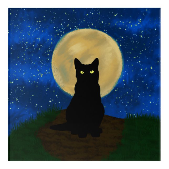 Halloween Black Cat Moonlit Silhouette  Acrylic Print (Front)
