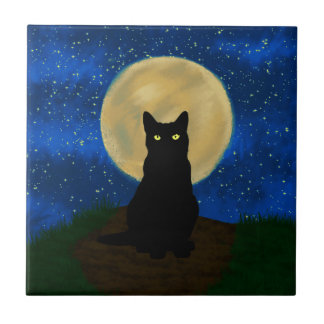 Halloween Black Cat Moonlit Silhouette Ceramic Tile