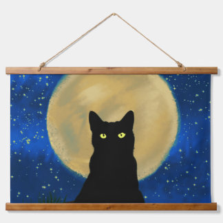 Halloween Black Cat Moonlit Silhouette Hanging Tapestry