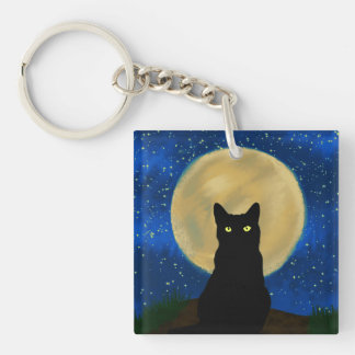 Halloween Black Cat Moonlit Silhouette Keychain