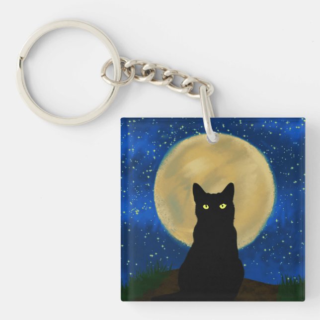Halloween Black Cat Moonlit Silhouette  Keychain (Front)