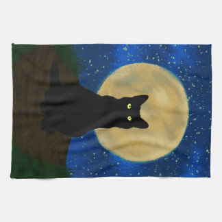 Halloween Black Cat Moonlit Silhouette Kitchen Towel