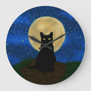 Halloween Black Cat Moonlit Silhouette Large Clock