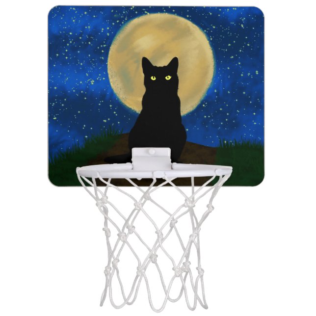 Halloween Black Cat Moonlit Silhouette  Mini Basketball Hoop (Front)