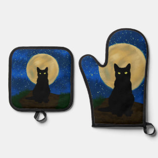 Halloween Black Cat Moonlit Silhouette Oven Mitt & Pot Holder Set