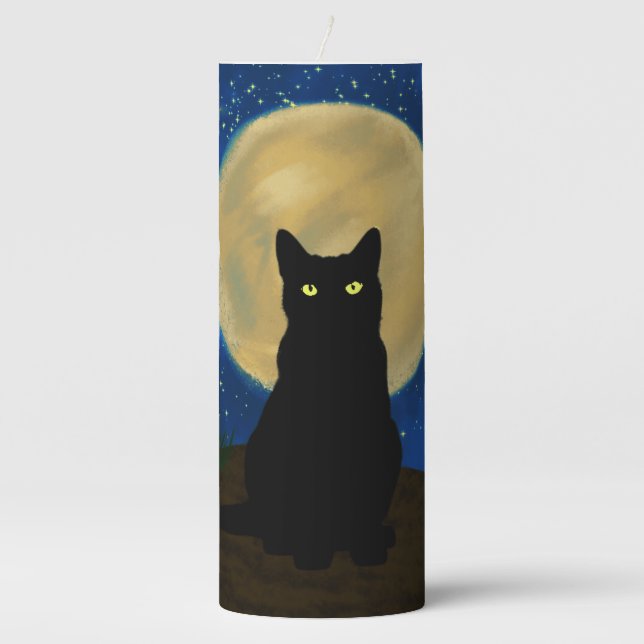 Halloween Black Cat Moonlit Silhouette  Pillar Candle (Front)
