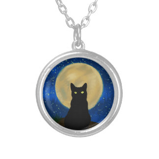 Halloween Black Cat Moonlit Silhouette Silver Plated Necklace