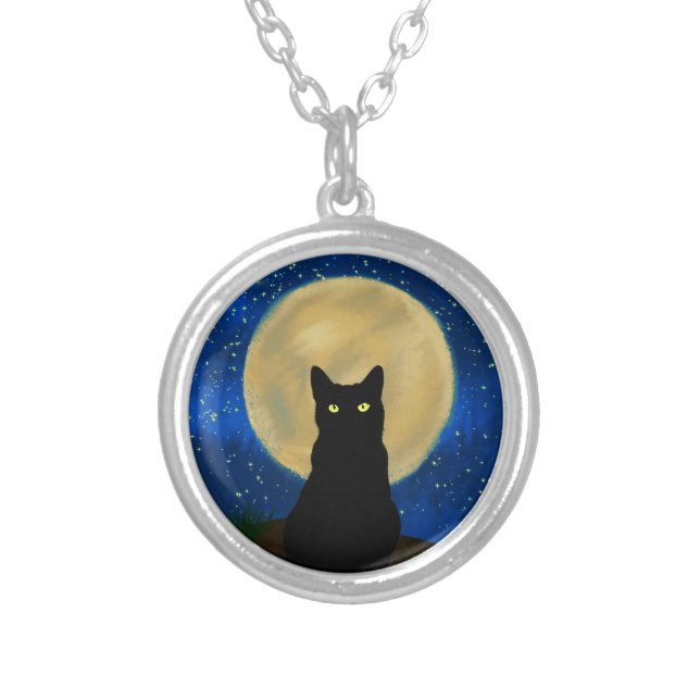 Halloween Black Cat Moonlit Silhouette  Silver Plated Necklace (Front)