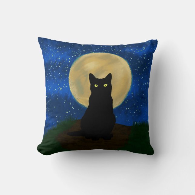 Halloween Black Cat Moonlit Silhouette  Throw Pillow (Front)
