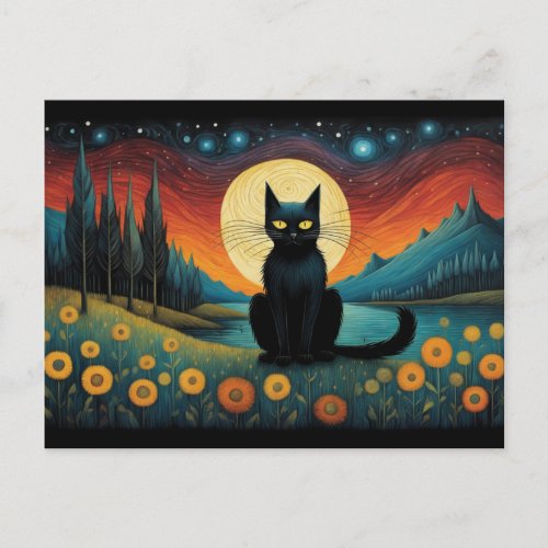 Halloween Black Cat Mountain Lakeside Full Moon Postcard