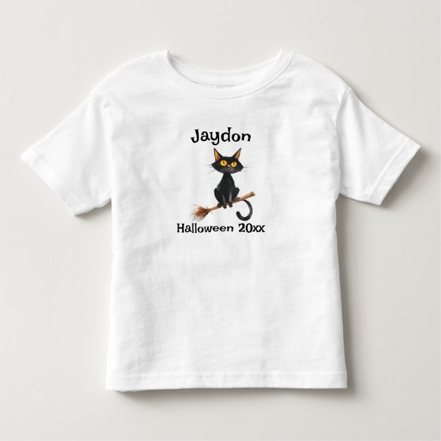 Halloween Black Cat on a Broom Personalize Toddler T-shirt (Front)