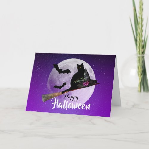Halloween Black Cat on Broom Full Moon Card