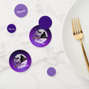 Halloween Black Cat on Broom Full Moon Confetti