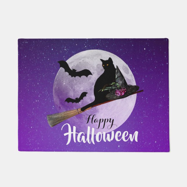 Halloween Black Cat on Broom Full Moon Doormat (Front)