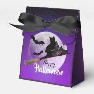 Halloween Black Cat on Broom Full Moon Favor Boxes
