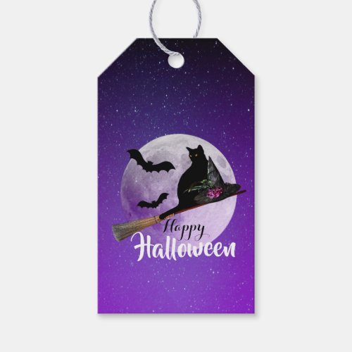 Halloween Black Cat on Broom Full Moon Gift Tags