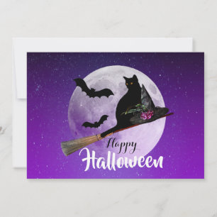 Halloween Black Cat on Broom Full Moon Holiday Card