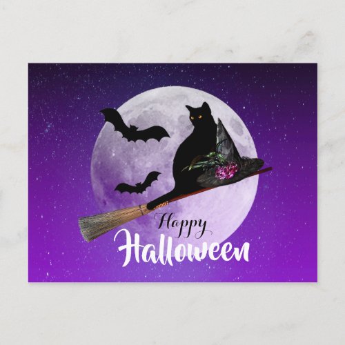 Halloween Black Cat on Broom Full Moon Holiday Postcard