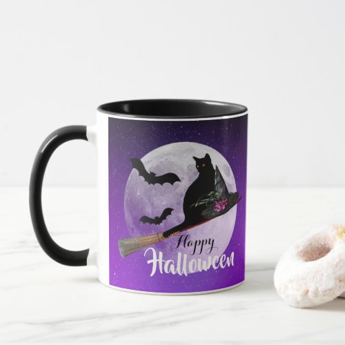 Halloween Black Cat on Broom Full Moon Mug