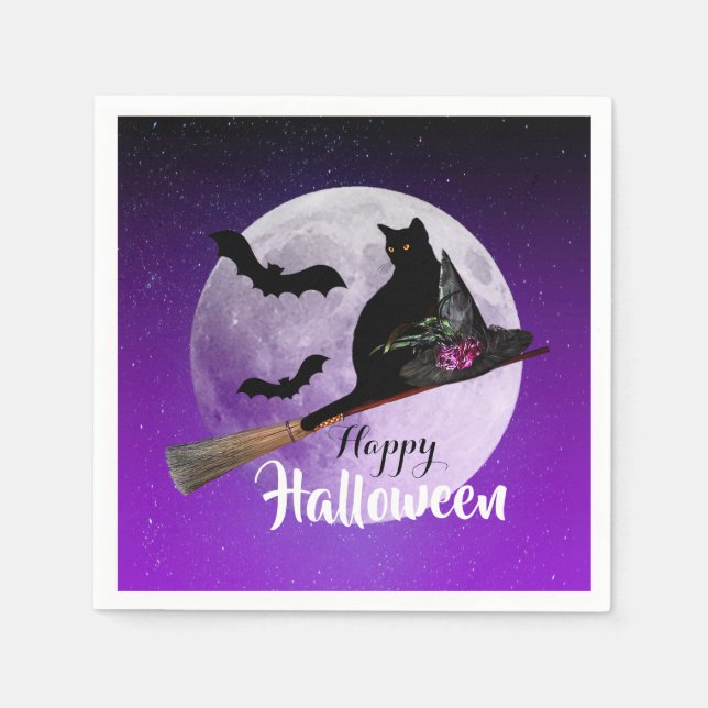 Halloween Black Cat on Broom Full Moon Napkins (Front)