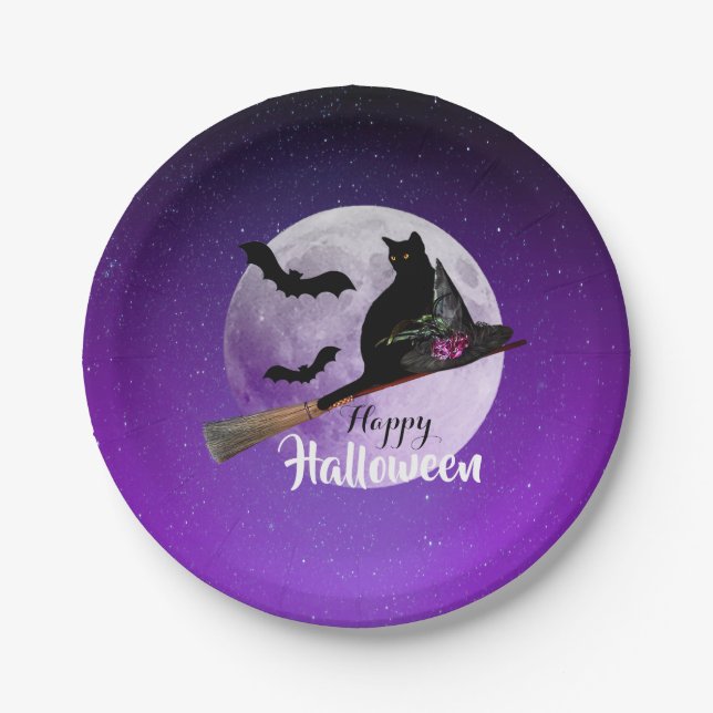 Halloween Black Cat on Broom Full Moon Paper Plates (Front)