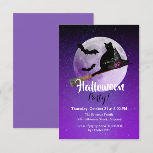 Halloween Black Cat on Broom Full Moon Party Invitation