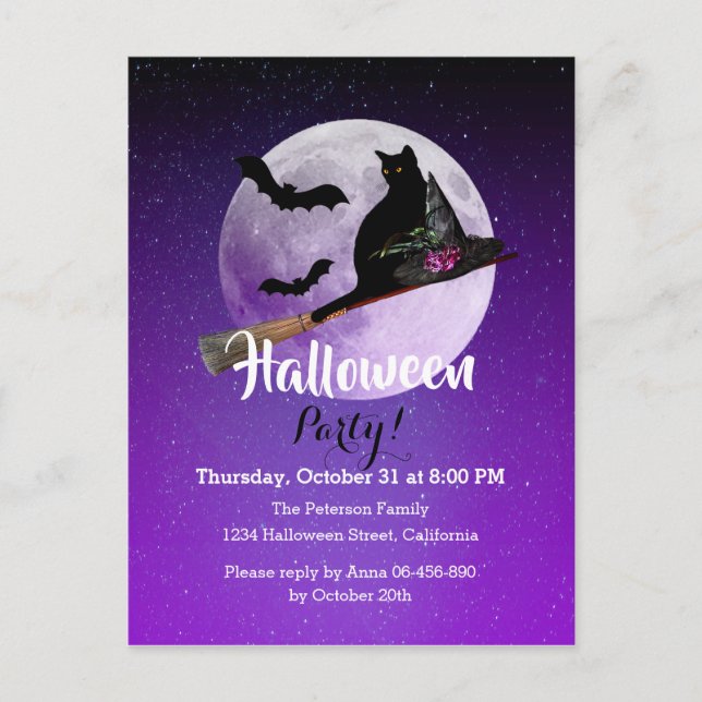 Halloween Black Cat on Broom Full Moon Party Invitation Postcard (Front)
