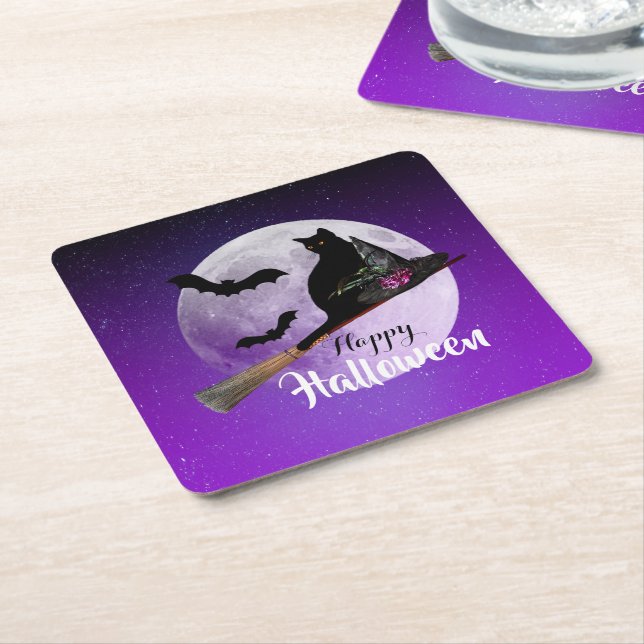 Halloween Black Cat on Broom Full Moon Square Paper Coaster (Angled)