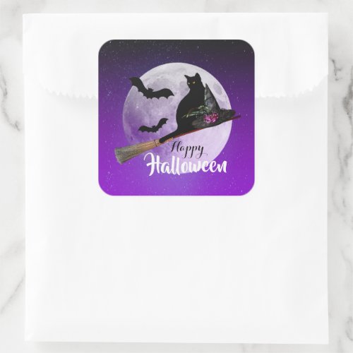Halloween Black Cat on Broom Full Moon Square Sticker