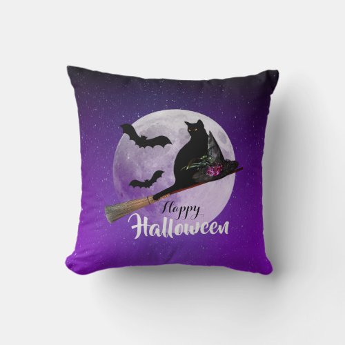 Halloween Black Cat on Broom Full Moon Throw Pillow