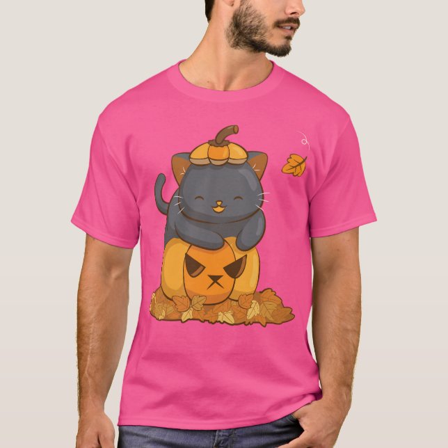 Halloween Black Cat On Pumpkin Cute Fall Season T-Shirt (Front)