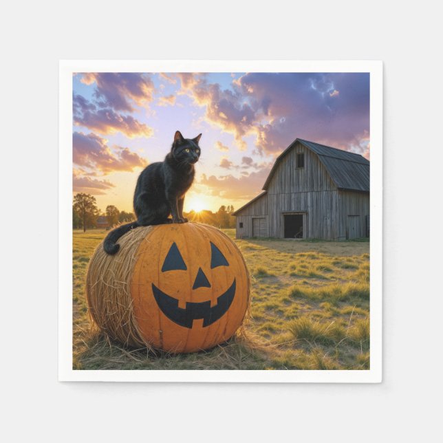 Halloween Black Cat On Pumpkin Hay Bale Napkins (Front)