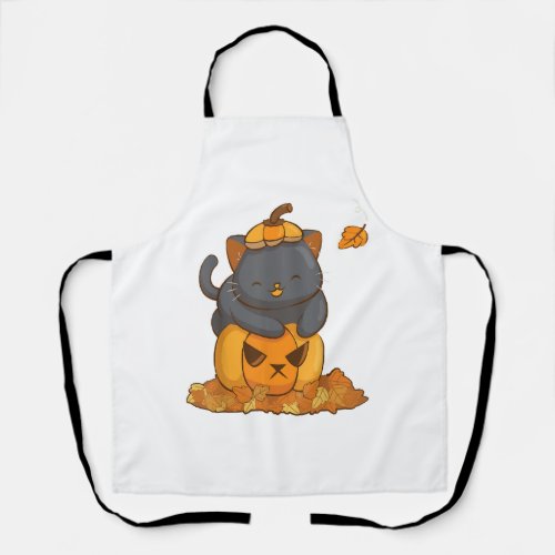 Halloween Black Cat on Pumpkin with Autumn Apron