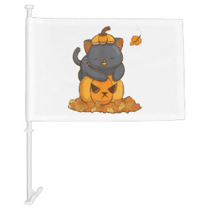 Halloween Black Cat on Pumpkin with Autumn Car Flag